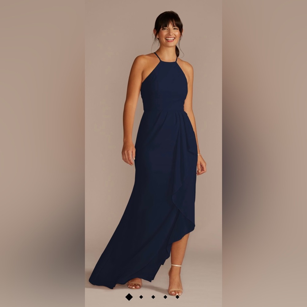 David’s Bridal high-neck chiffon bridesmaid dress with cascade